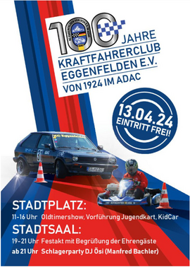 Banner 100 Jahre Kraftfahrerclub Eggenfelden - Oldtimerausstellung, Vorführung der Jugendkartgruppe, Kidscar und Fahrradturnier