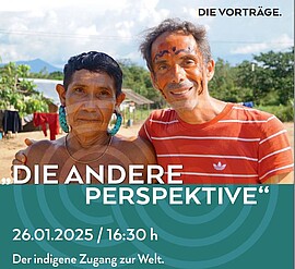 Banner Vortrag mit musikalischer Begleitung - "Die andere Perspektive - Der indigene Zugang zur Welt" 